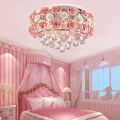 LUOLAX Romantic Ceramic Rose Flower Chandelier Modern Crystal Pendant Lamp  Flush Mount Hanging Ceiling Light Fixture for Girl Bedroom Living Dining  Room Restaurant Decoration, Pink(Dia 19.68Inch) - Amazon.com