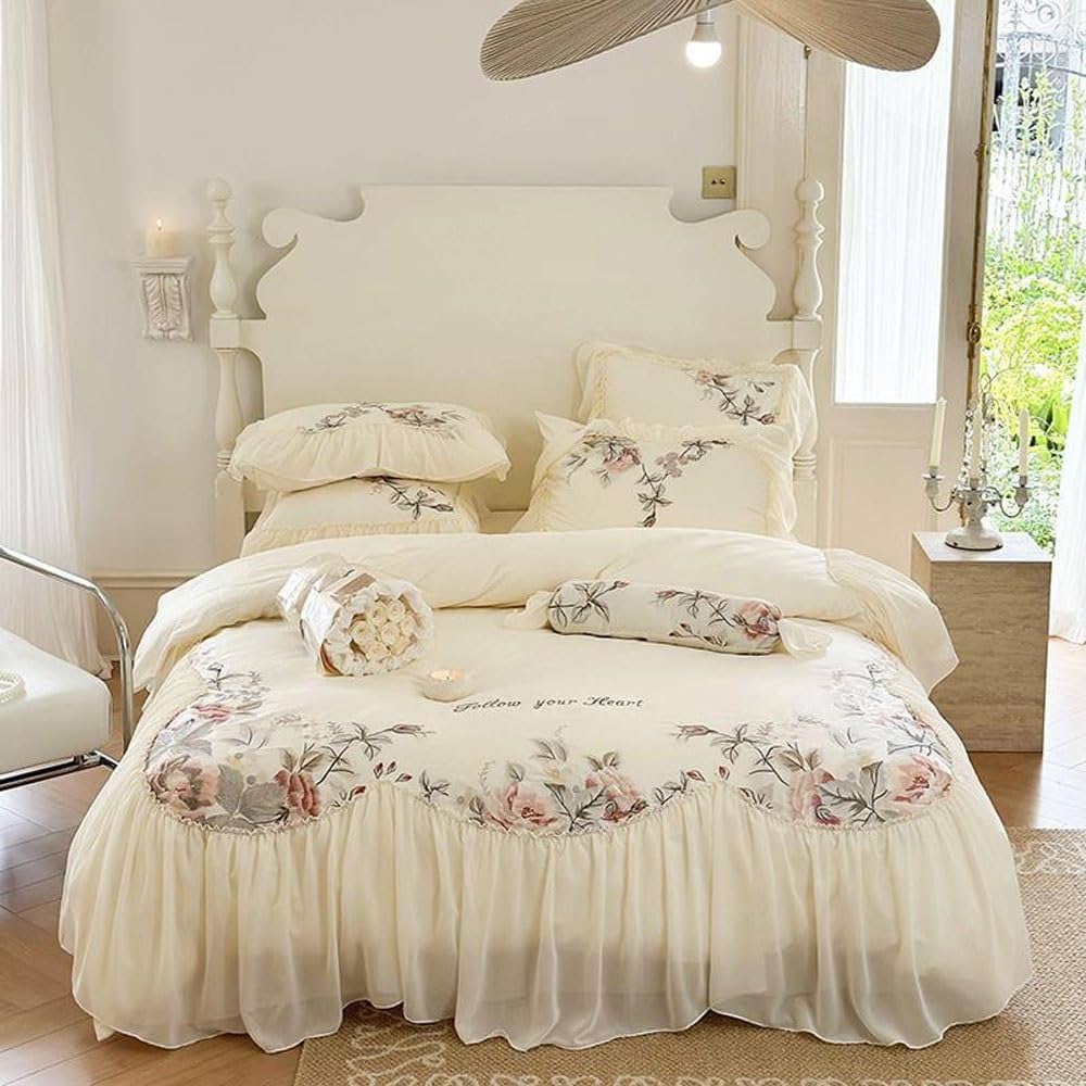 French Country Bedding Set, Elegant and Shabby Vintage , Beige Chiffon  Luxury Princess Style, high-end Bedding Bedroom Decoration, with Botanical  Prints, Available for All Seasons ( Size : 78.7in ) : Amazon.co.uk: