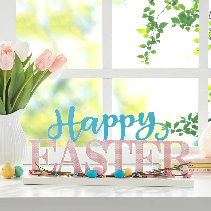 Glitzhome Happy Easter Wood Word Table Sign for Home Decor Decorative  Wooden Cutout Word Letters Decor Freestanding Easter Tabletop Decor 15.75”X  ...