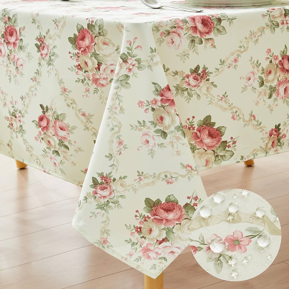 Vintage Floral Rectangle Tablecloth Shabby Chic Flower Table Cloth Spring  Table Cover Waterproof for Dinner Kitchen Picnic, Pink, 60x120 Inches: ...