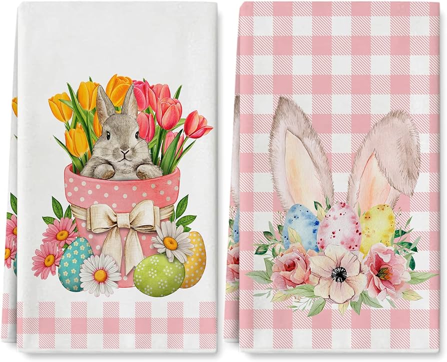 AnyDesign Easter Kitchen Towel Easter Rabbit Bunny Egg Floral Dish Towel  Watercolor Pink White Buffalo Plaids Hand Drying Tea Towel for Spring  Holiday Cooking Baking Cleaning, 18 x 28, 2 Pack :