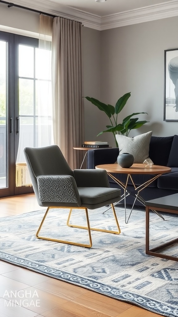 Accent chair with gold legs in a stylish living room setting.