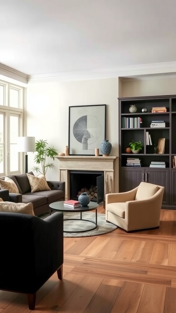 A stylish living room featuring a beige accent chair, black sofa, and a round coffee table.