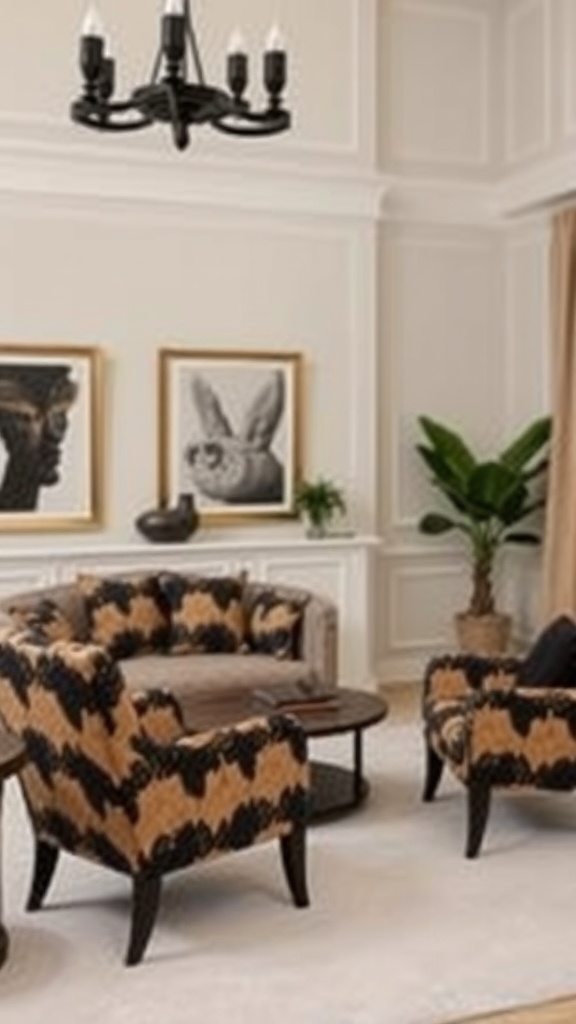 Living room featuring black and tan accent chairs with a neutral color palette