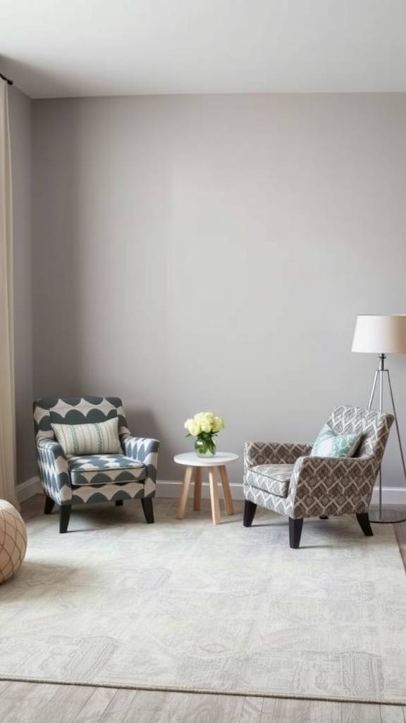 Two accent chairs in a neutral living room with a small side table and a lamp.