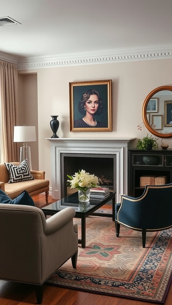 A formal living room featuring a floral arrangement, elegant furniture, and artwork.