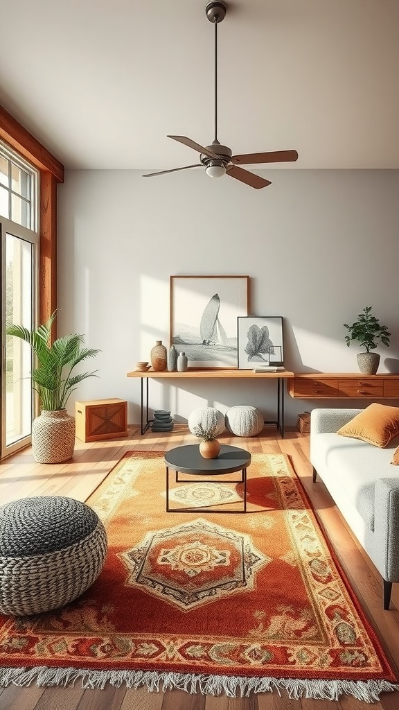 A modern rustic living room featuring a vibrant orange accent rug with intricate patterns, complemented by neutral furniture and natural light.