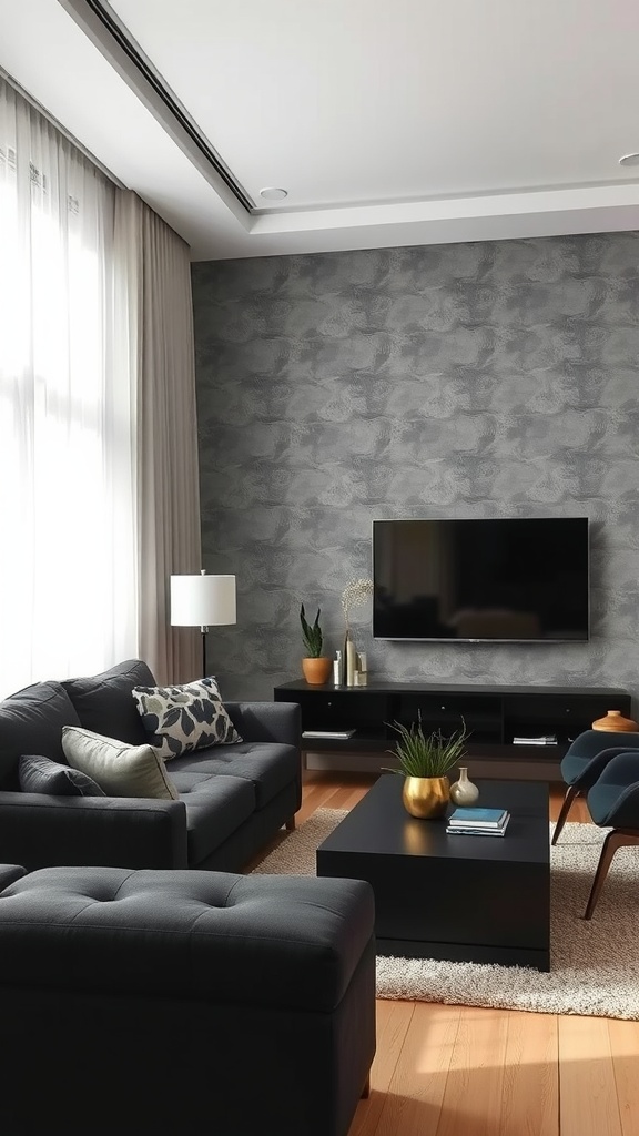 Living room featuring a grey textured accent wall, dark furniture, and plants.