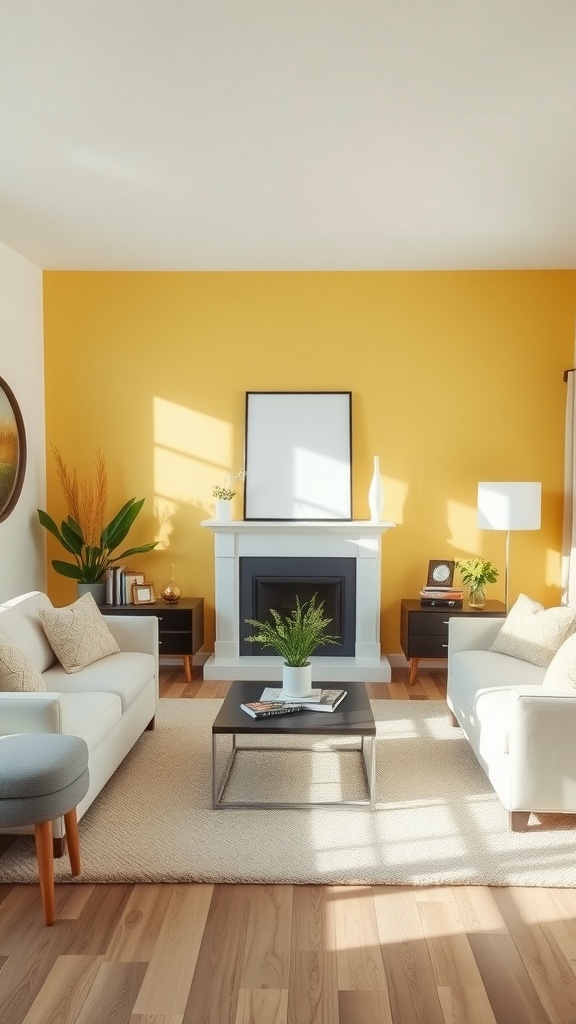 Bright living room with a soft yellow accent wall, white furniture, and natural decor.