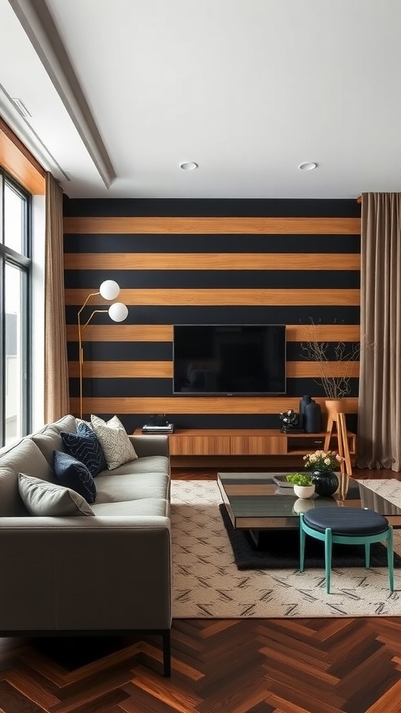 Living room with black and tan striped accent wall, gray sofa, and modern decor.