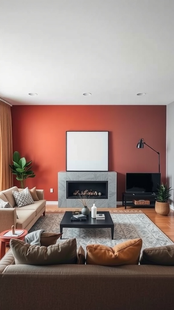 A ranch-style living room featuring an accent wall painted in bold red, complemented by neutral furniture and decorative elements.