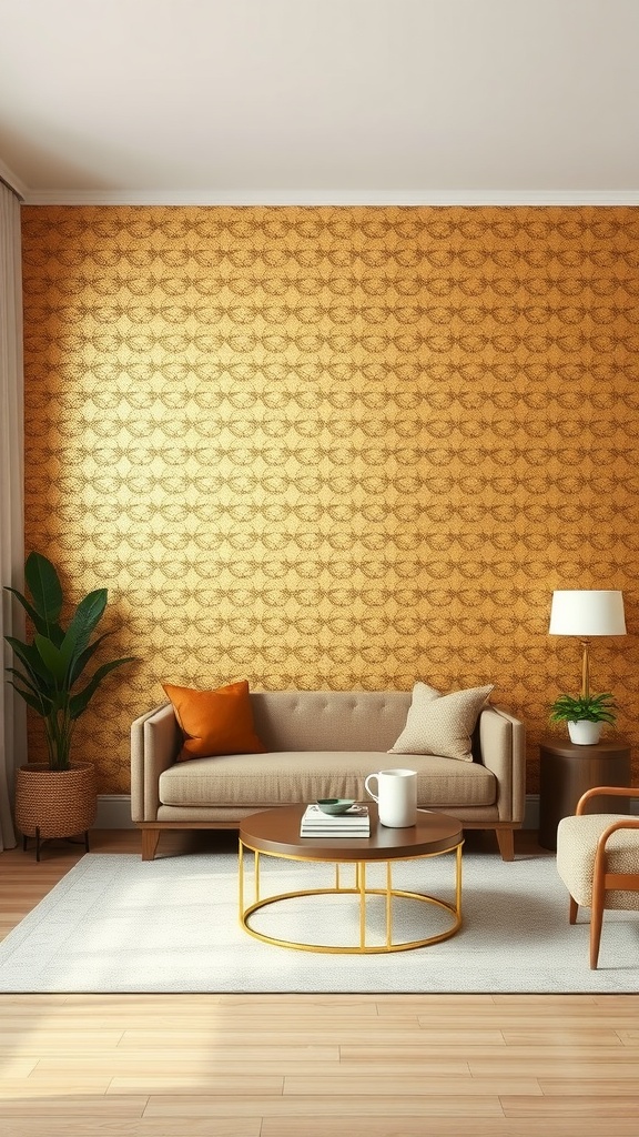 Living room with gold patterned wallpaper, beige sofa, round coffee table, and plants