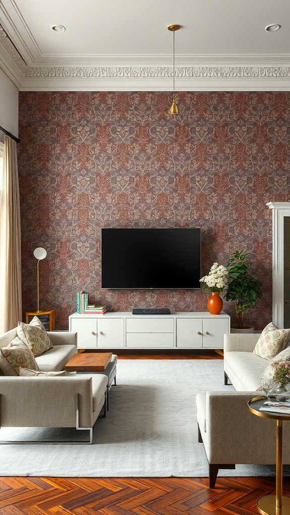 A formal living room featuring an accent wall with rich floral wallpaper, light furniture, and modern decor.