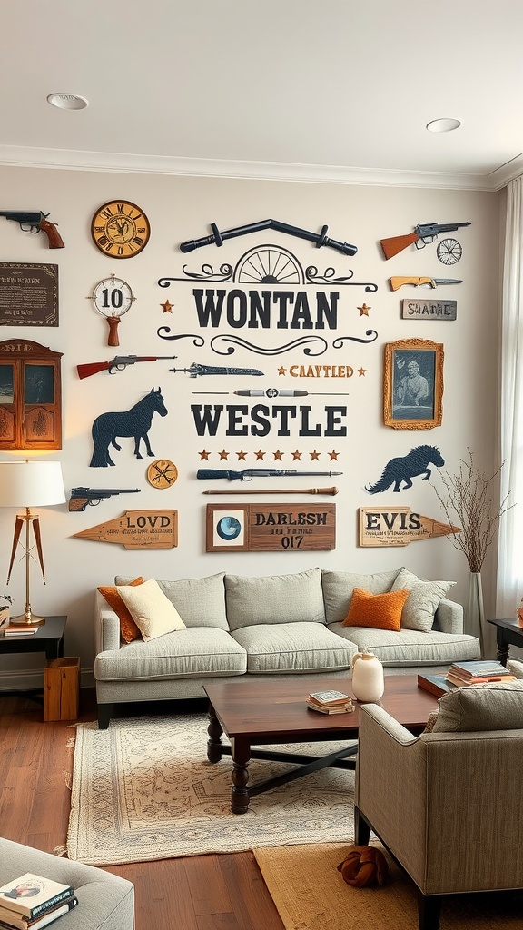 A living room with a Western-themed accent wall featuring vintage items and decor.