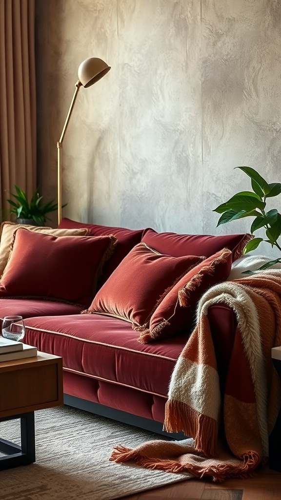 Cozy living room featuring a deep red sofa with pillows, a throw blanket, a stylish floor lamp, and a plant beside a wooden coffee table.