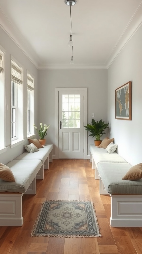 A narrow living room featuring built-in benches with cushions and decorative pillows.