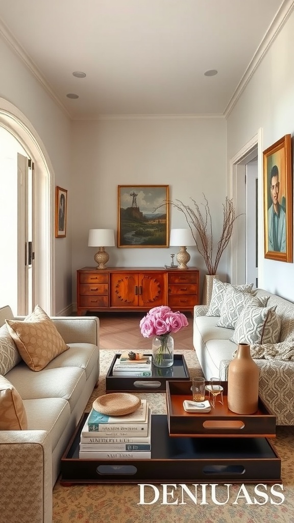 Decorative trays on a coffee table in a narrow living room with couches and artwork on the walls.