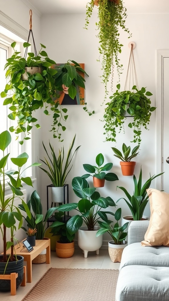 A cozy living room filled with various plants, including hanging and potted greenery, creating a lively atmosphere.