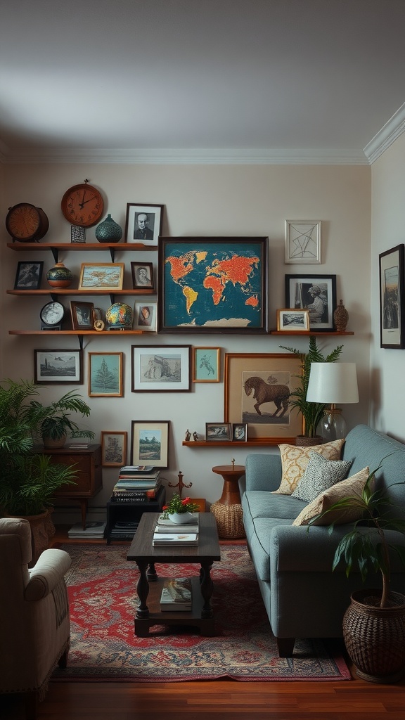 A cozy small living room filled with personal artifacts, including framed pictures, a colorful map, decorative globes, and plants.