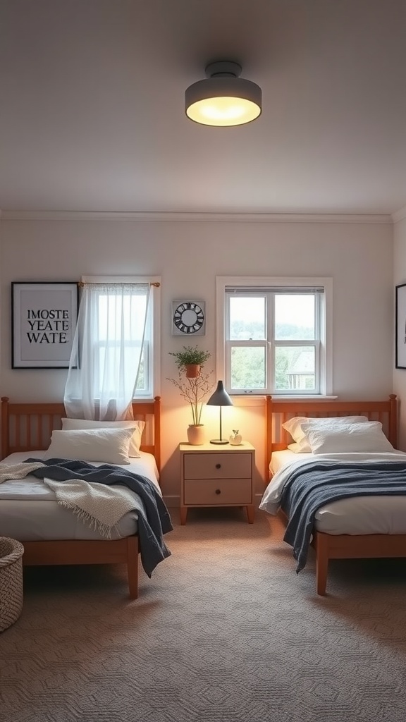 A shared bedroom with two beds, adjustable lighting, and warm decor