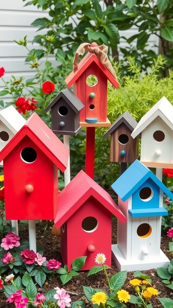 Colorful birdhouses in a garden setting surrounded by flowers