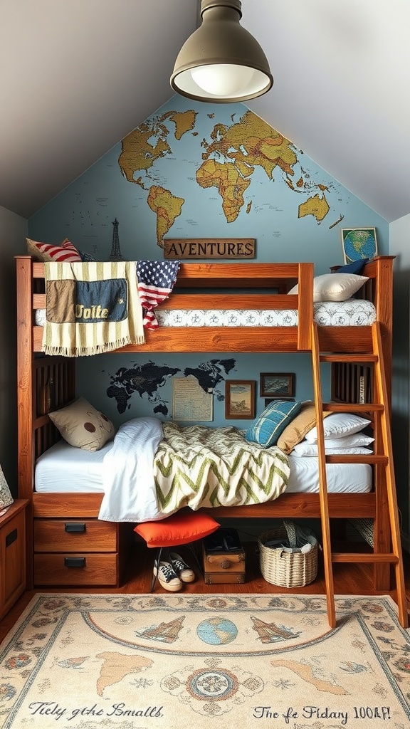 A cozy adventure-themed loft bed with a world map mural and travel decor.