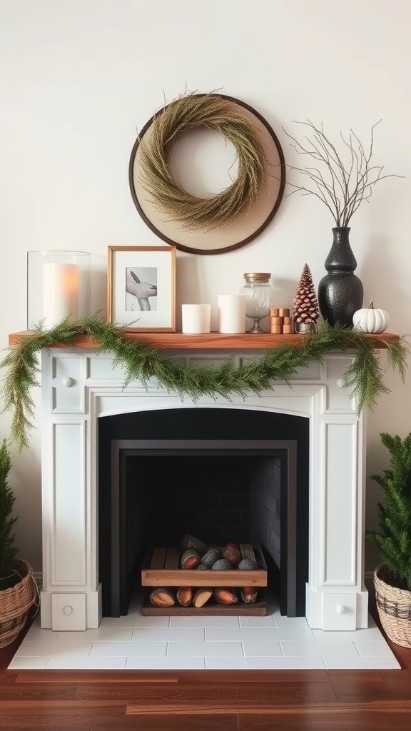 Aesthetic fireplace mantel with greenery, candles, and decorative items.