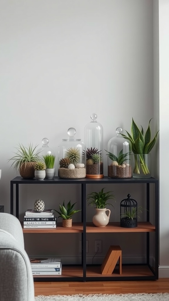 A modern shelf displaying various air plants in glass cloches, along with pots and decorative items.