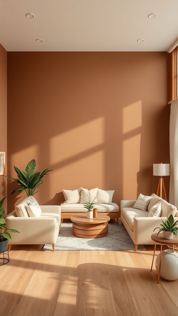 A warm brown living room featuring light-colored sofas, a wooden coffee table, and plants, illuminated by natural light.