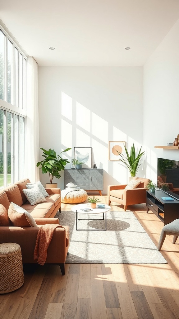 Bright living room featuring brown shades with a cozy sofa and orange armchairs, surrounded by plants and large windows.