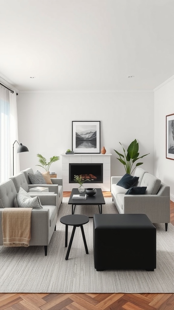 A bright and airy living room featuring gray sofas, black furniture accents, and houseplants