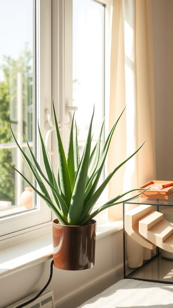 Aloe vera plant in a brown pot near a sunlit window