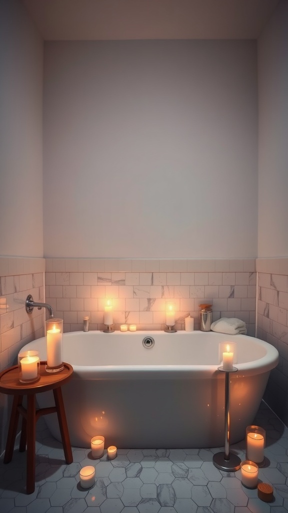 A cozy bathroom with a bathtub surrounded by various candles casting a warm glow.