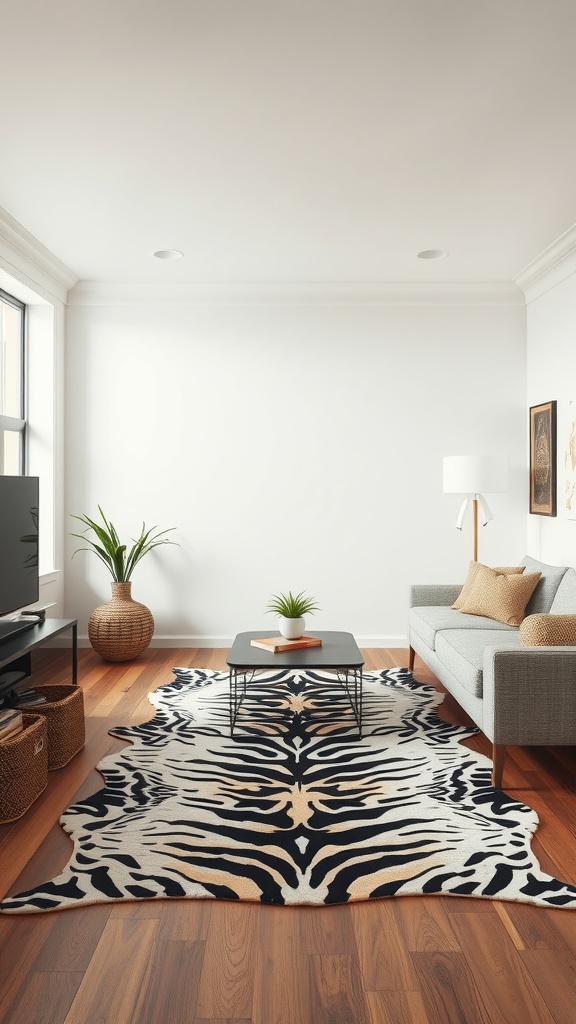 Living room with a tiger stripe animal print rug, modern furniture, and minimal decor.