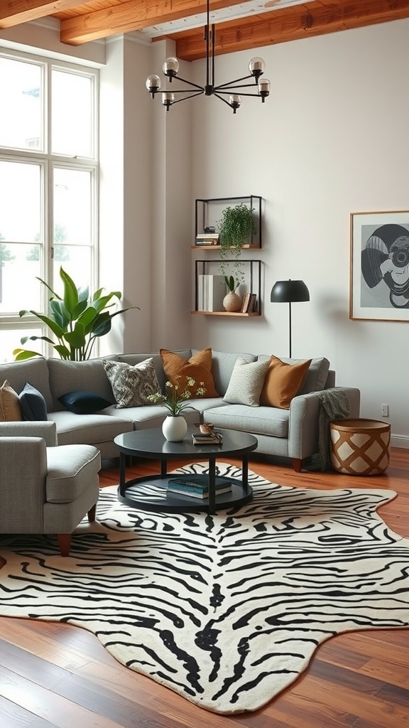 Living room with a zebra print rug, gray sofa, wooden beams, and plants