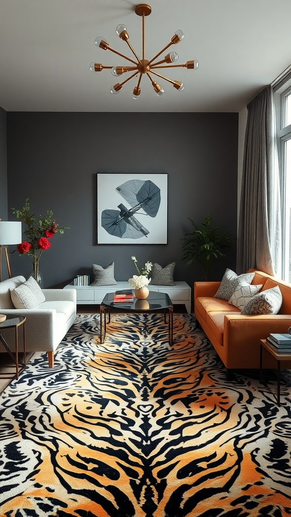 Living room featuring a bold tiger print carpet with modern furniture and dark walls