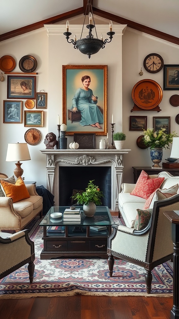 A cozy living room featuring antique accents, vintage artwork, and a beautiful fireplace.