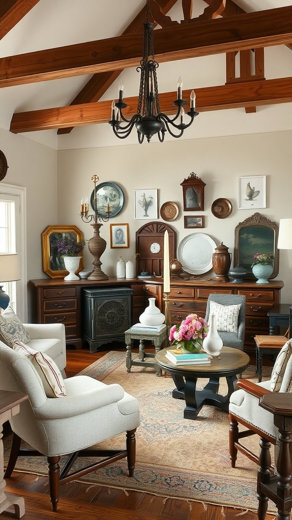 A cozy farmhouse living room with antique accessories displayed on walls and furniture.