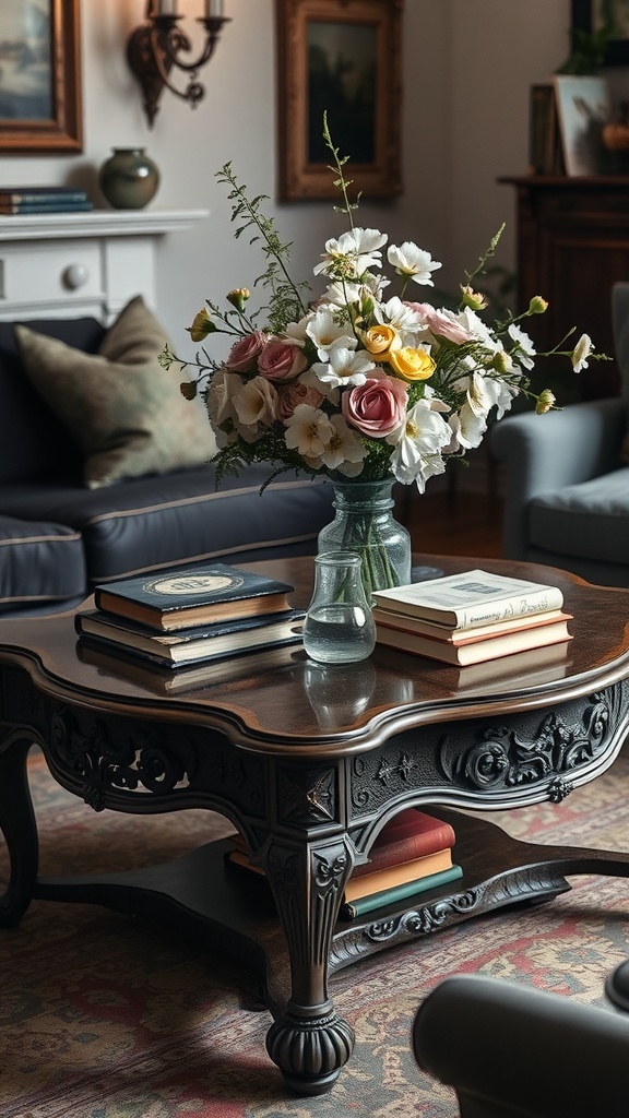 A beautifully carved antique coffee table with books and a floral arrangement, set in a cozy old English living room.