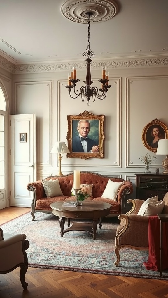 A French country living room featuring antique furniture, elegant lighting, and classic artwork.