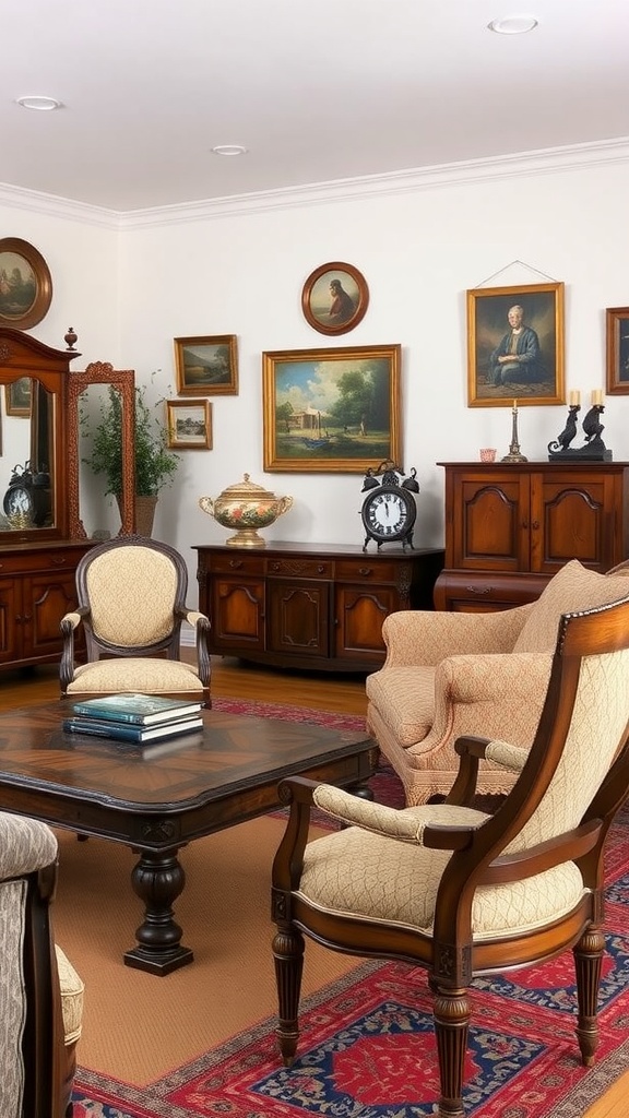 A western ranch-style living room featuring antique furniture, a wooden coffee table, elegant armchairs, and vintage artwork on the walls.