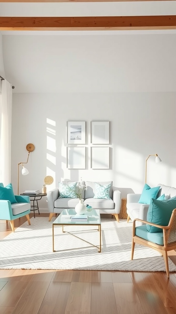 A bright living room featuring aquamarine and white furnishings, with cozy seating and elegant decor.