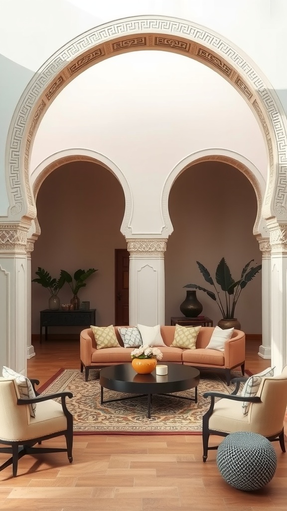 Interior view of a Moroccan living room with arched doorways, soft-colored furniture, and a cozy atmosphere.