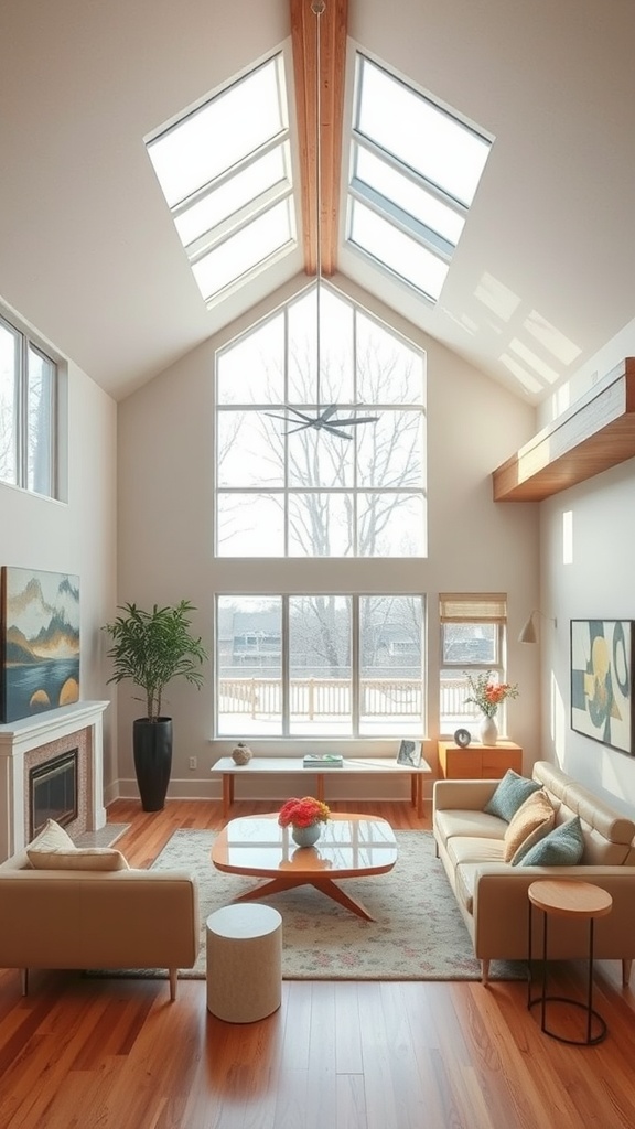 A modern sunken living room with large windows and wooden beams.