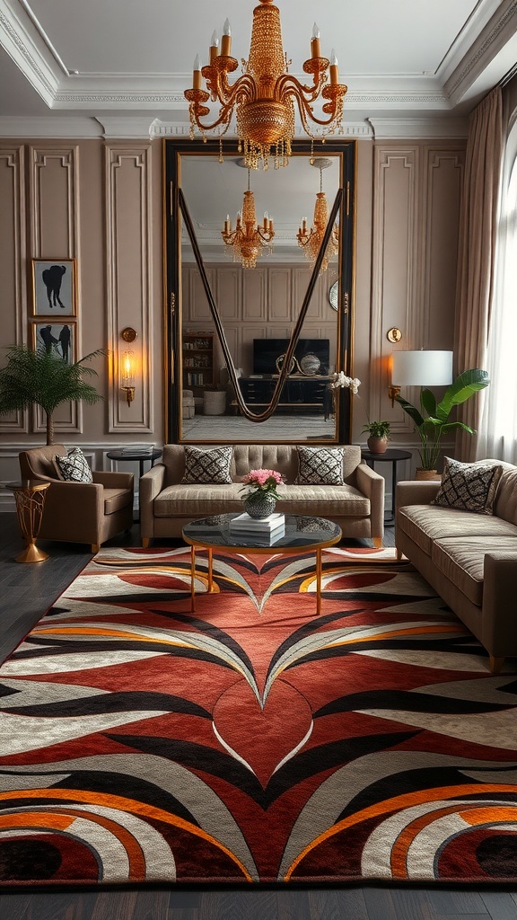 Art Deco-inspired living room rug with bold colors and geometric patterns, featuring a luxurious chandelier and stylish furniture.