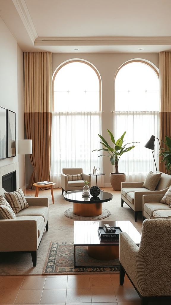 A beige living room with Art Deco-inspired furniture and decor.