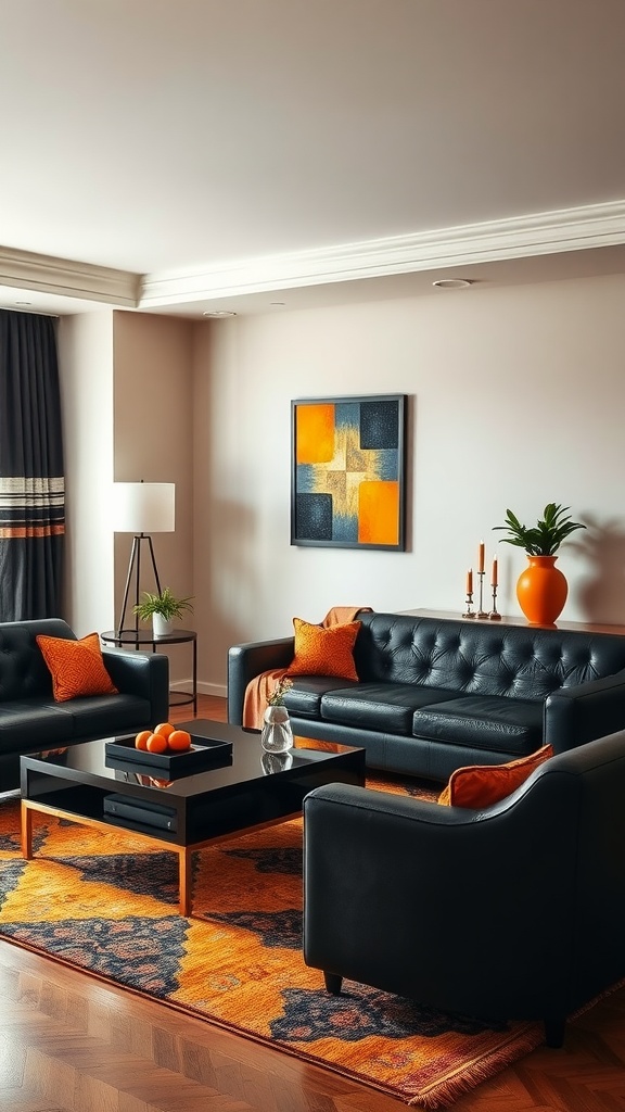 Art Deco living room featuring black leather sofas, orange accents, and an orange rug