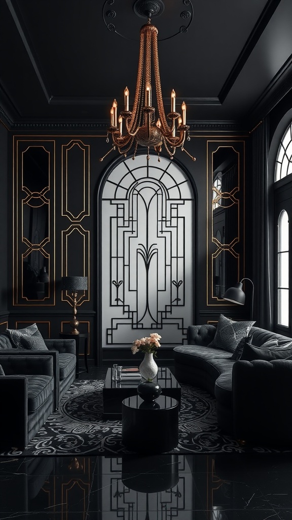 A stylish black living room featuring Art Deco design elements, including a golden chandelier, plush sofas, and geometric wall patterns.