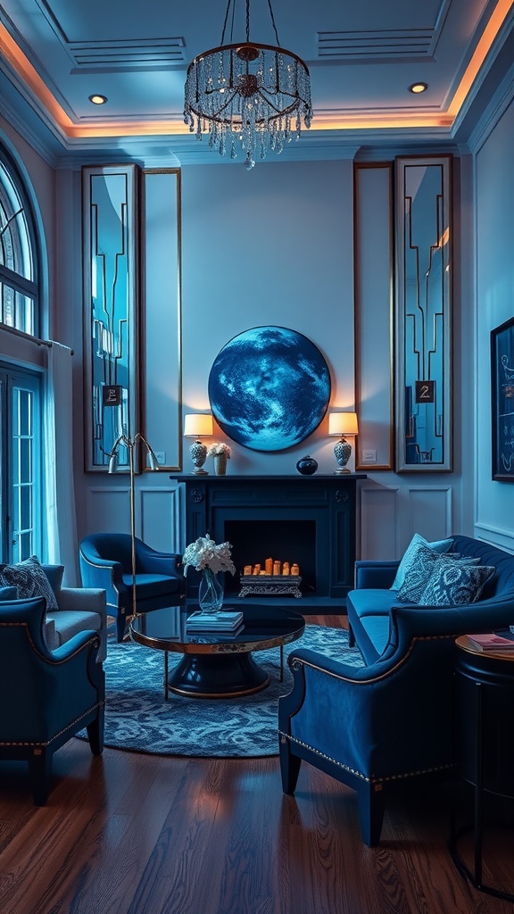 A stylish living room featuring blue Art Deco accents with rich blue furniture, geometric artwork, and elegant lighting.