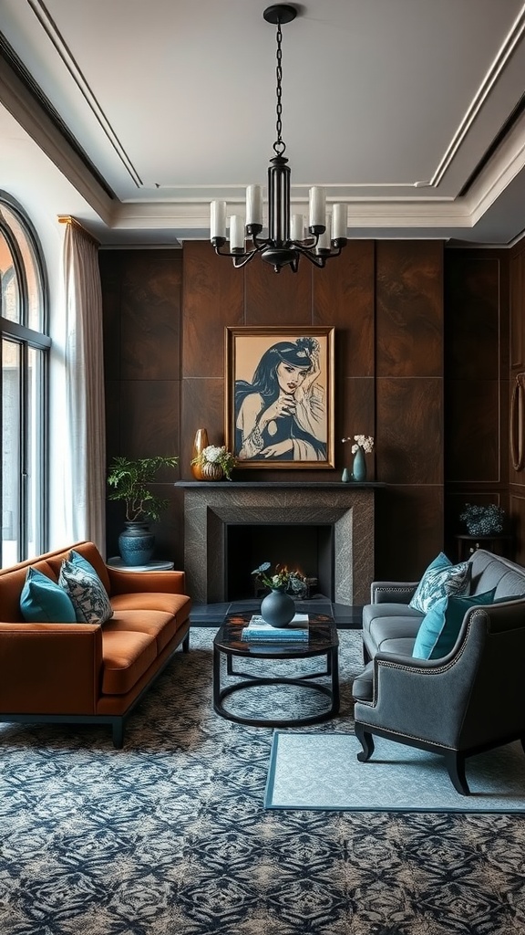 Art Deco living room with blue and rich chocolate colors, featuring a chandelier, artwork, and stylish furniture.